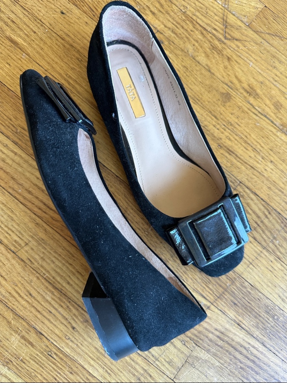 Black Suede Block Heel Flats with Decorative Buckle